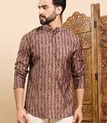 Mens brown cotton geometric printed ethnic straight short kurta