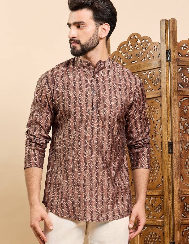 Mens brown cotton geometric printed ethnic straight short kurta