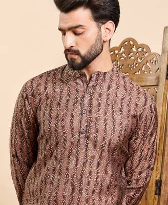 Mens brown cotton geometric printed ethnic straight short kurta 2