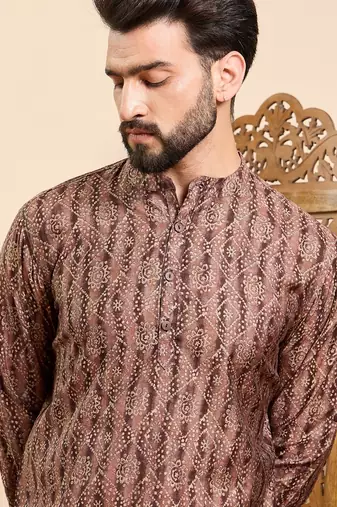 Mens brown cotton geometric printed ethnic straight short kurta