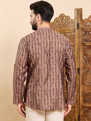 Mens brown cotton geometric printed ethnic straight short kurta 3