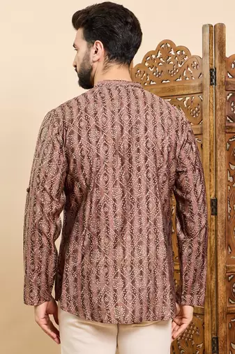 Mens brown cotton geometric printed ethnic straight short kurta