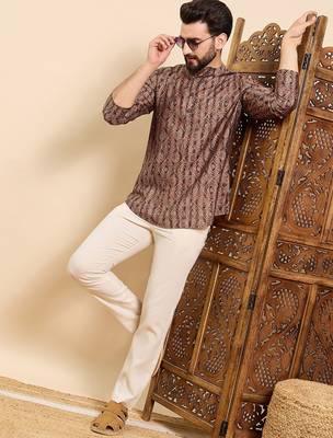 Mens brown cotton geometric printed ethnic straight short kurta 4