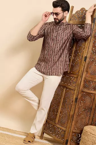 Mens brown cotton geometric printed ethnic straight short kurta