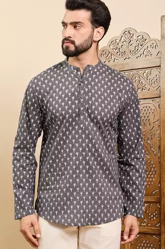 Mens grey cotton floral printed ethnic straight short kurta