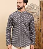 Mens grey cotton floral printed ethnic straight short kurta