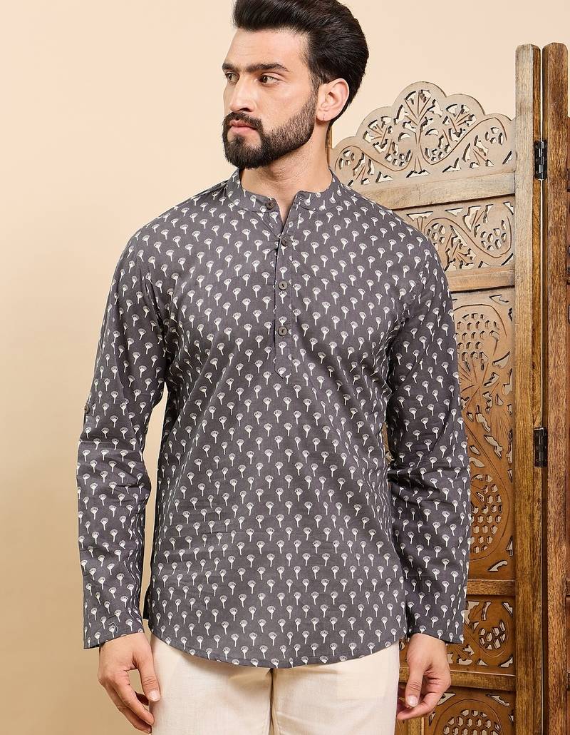 Mens grey cotton floral printed ethnic straight short kurta