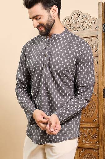 Mens grey cotton floral printed ethnic straight short kurta