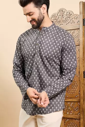 Mens grey cotton floral printed ethnic straight short kurta