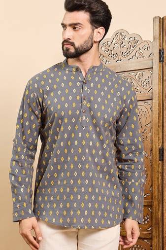 Mens grey cotton ethnic motifs printed ethnic straight short kurta