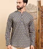 Mens grey cotton ethnic motifs printed ethnic straight short kurta