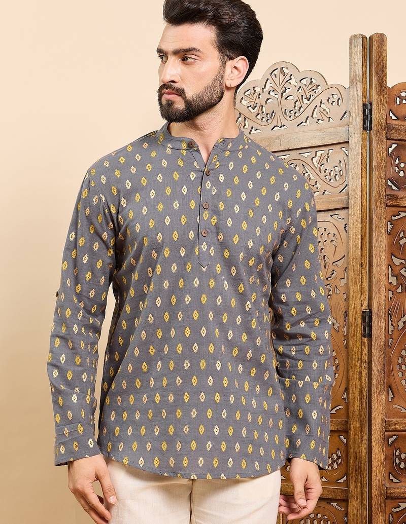 Mens grey cotton ethnic motifs printed ethnic straight short kurta