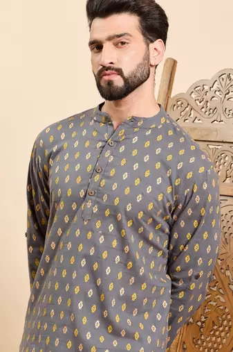 Mens grey cotton ethnic motifs printed ethnic straight short kurta