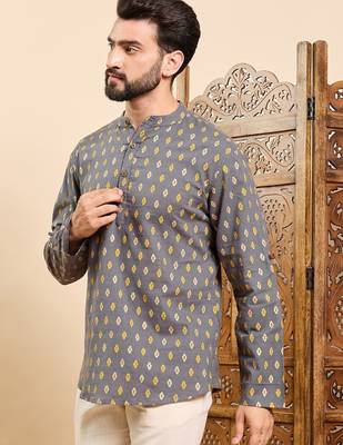 Mens grey cotton ethnic motifs printed ethnic straight short kurta 3