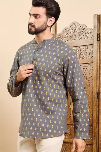 Mens grey cotton ethnic motifs printed ethnic straight short kurta