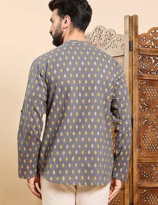 Mens grey cotton ethnic motifs printed ethnic straight short kurta 4
