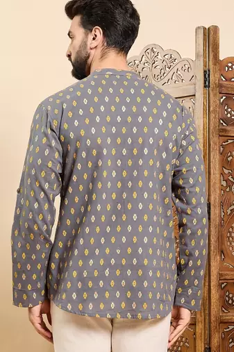 Mens grey cotton ethnic motifs printed ethnic straight short kurta