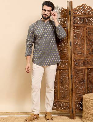 Mens grey cotton ethnic motifs printed ethnic straight short kurta 5