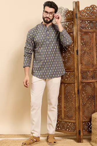 Mens grey cotton ethnic motifs printed ethnic straight short kurta