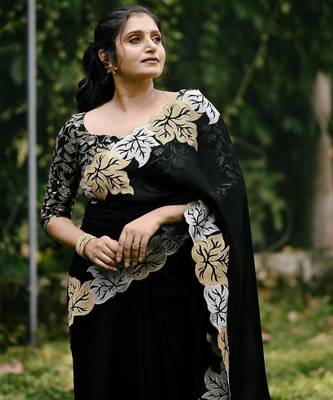 Black Color jari Thread Embroidery work Satin Silk Saree 2