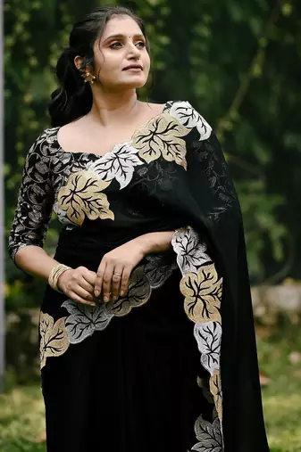 Black Color jari Thread Embroidery work Satin Silk Saree