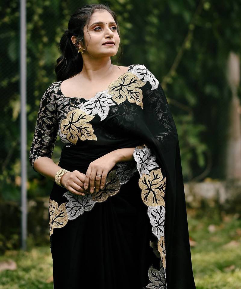 Black Color jari Thread Embroidery work Satin Silk Saree