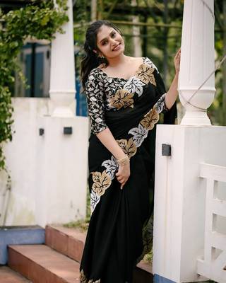 Black Color jari Thread Embroidery work Satin Silk Saree 1