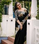 Black Color jari Thread Embroidery work Satin Silk Saree