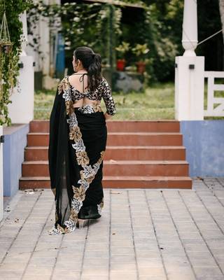 Black Color jari Thread Embroidery work Satin Silk Saree 3