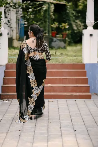 Black Color jari Thread Embroidery work Satin Silk Saree