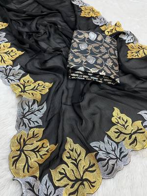 Black Color jari Thread Embroidery work Satin Silk Saree 4
