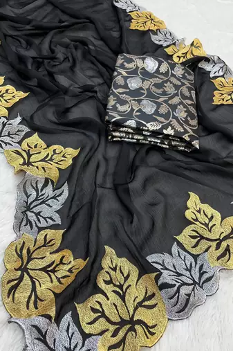 Black Color jari Thread Embroidery work Satin Silk Saree