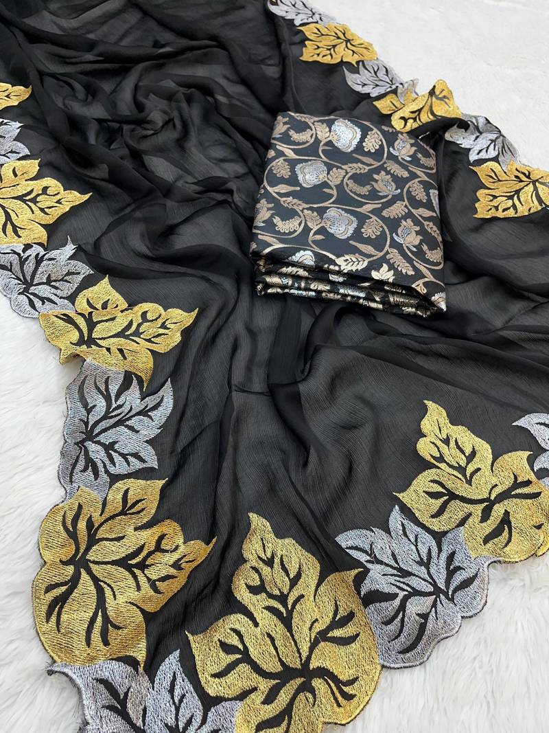 Black Color jari Thread Embroidery work Satin Silk Saree