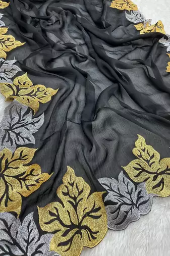 Black Color jari Thread Embroidery work Satin Silk Saree