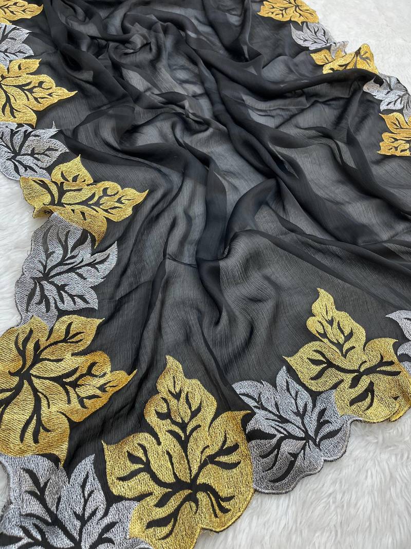 Black Color jari Thread Embroidery work Satin Silk Saree