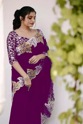 Plum Color jari Thread Embroidery work Satin Silk Saree