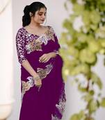 Plum Color jari Thread Embroidery work Satin Silk Saree