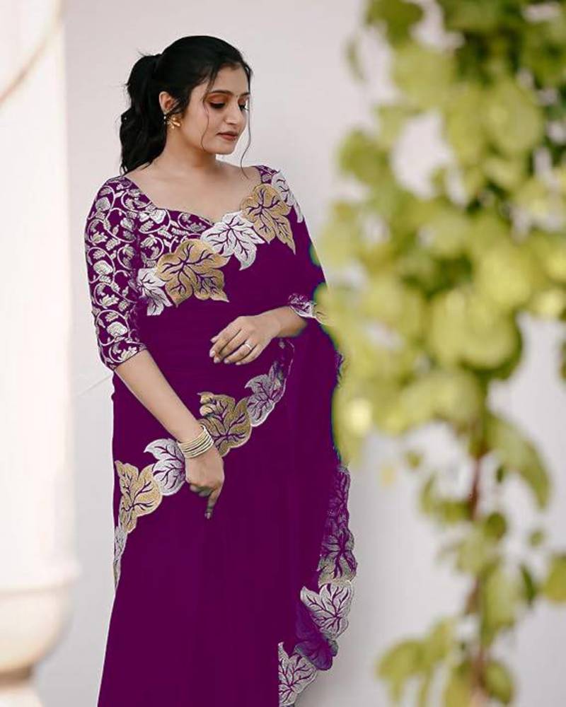 Plum Color jari Thread Embroidery work Satin Silk Saree