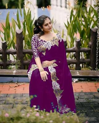 Plum Color jari Thread Embroidery work Satin Silk Saree 2