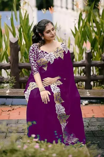 Plum Color jari Thread Embroidery work Satin Silk Saree