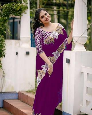 Plum Color jari Thread Embroidery work Satin Silk Saree 3