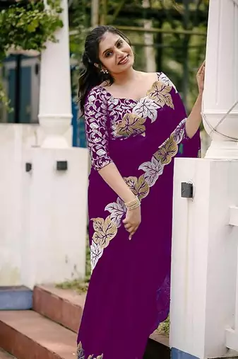Plum Color jari Thread Embroidery work Satin Silk Saree