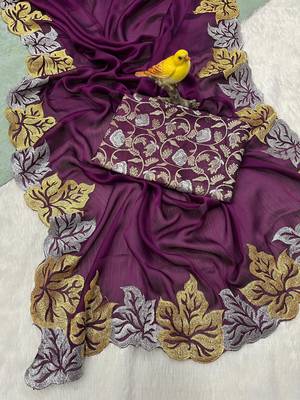 Plum Color jari Thread Embroidery work Satin Silk Saree 4