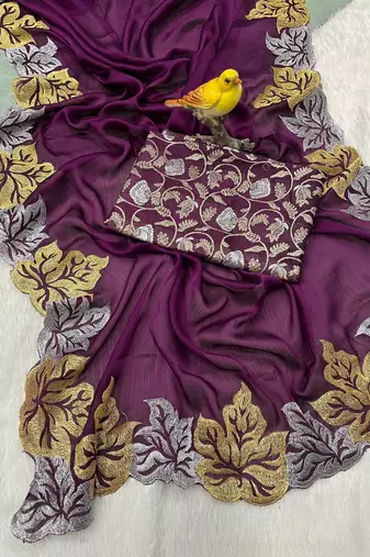 Plum Color jari Thread Embroidery work Satin Silk Saree