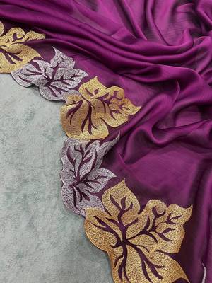 Plum Color jari Thread Embroidery work Satin Silk Saree 5