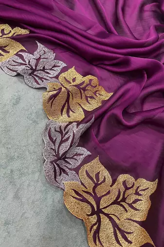 Plum Color jari Thread Embroidery work Satin Silk Saree