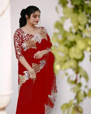 Red Color jari Thread Embroidery work Satin Silk Saree 1