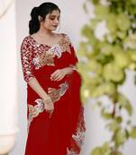 Red Color jari Thread Embroidery work Satin Silk Saree