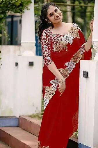 Red Color jari Thread Embroidery work Satin Silk Saree