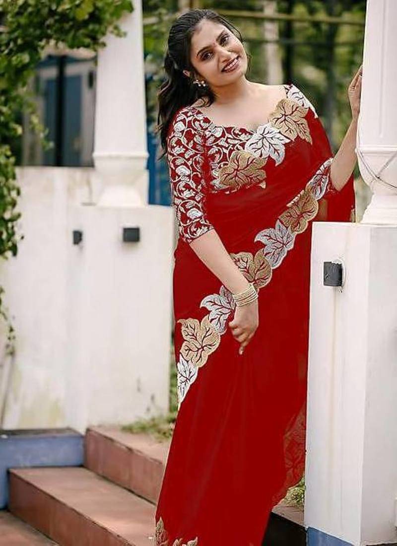 Red Color jari Thread Embroidery work Satin Silk Saree